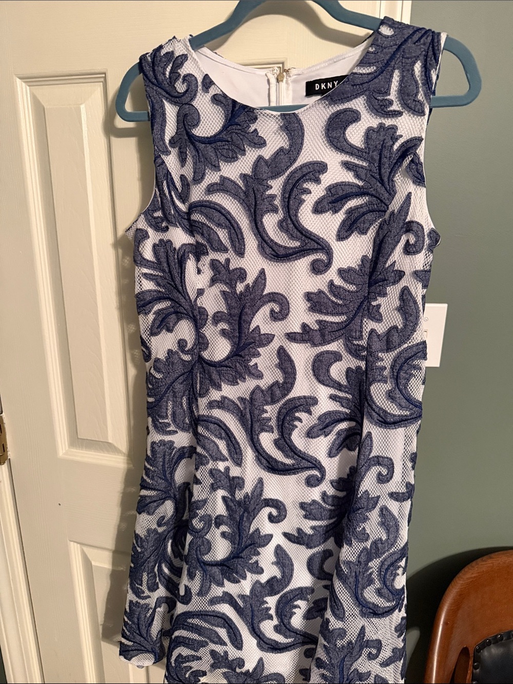 DKNY White and Navy Scroll Lace Mini Dress